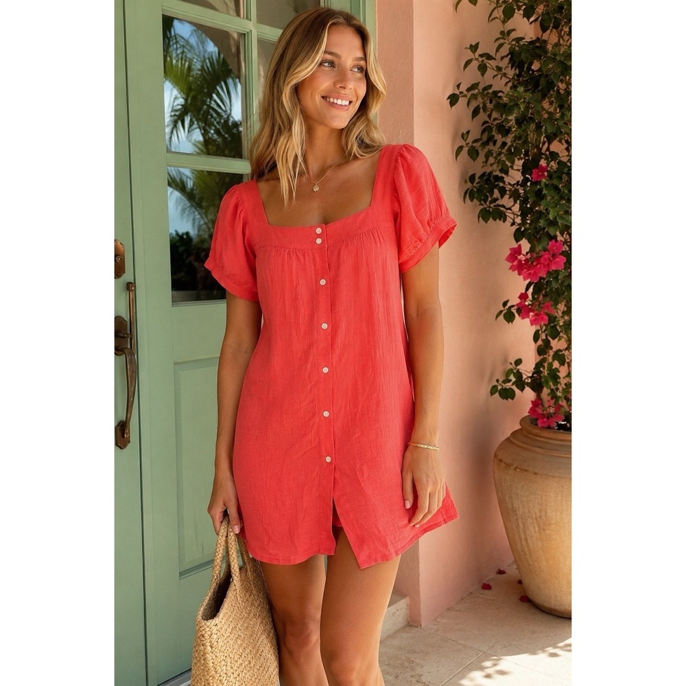 Victoria Dunn Lounge Coral Gauze Mini Dress XS Puff Sleeve Button Front